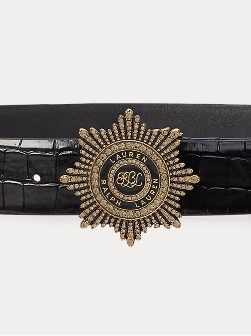 Rare Lauren Ralph Lauren Black Croc-Embossed Belt with Gold Medallion Buckle